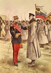 Le général Pau remet une décoration française au commandant en chef russe, le grand-duc Nicolas