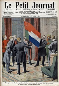 Le général Pieter Willem Botha (un Boer) présente le nouveau drapeau du Transvaal (Afrique du Sud) au ministre colonial anglais Lord Elgin - Dans « Le Petit Journal » du 21 juillet - French School