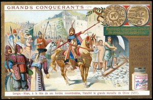 Gengis Khan, à la tête de ses innombrables hordes, franchit la Grande Muraille de Chine - French School