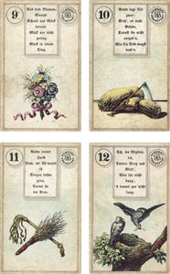 Édition allemande du jeu de cartomancie français Lenormand : Les Fleurs, La Faux, La Verge, Les Oiseaux, publié par Dondorf, Francfort, XIXe siècle