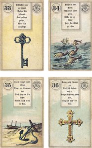 Édition allemande du jeu de cartomancie français Lenormand : La Clé, Le Poisson, L