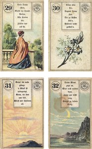 Édition allemande du jeu de cartomancie français Lenormand : La Dame, Les Lys, Le Soleil, La Lune, publié par Dondorf, Francfort, XIXe siècle
