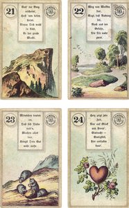 Édition allemande du jeu de cartomancie français Lenormand : La Montagne, La Route, Les Souris, Le Cœur, publié par Dondorf, Francfort, XIXe siècle