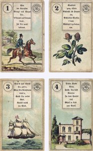 Édition allemande du jeu de cartomancie français Lenormand : Le Cavalier, Le Trèfle, Le Navire, La Maison, publié par Dondorf, Francfort, XIXe siècle