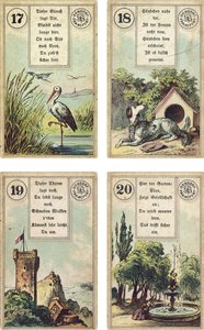 Édition allemande du jeu de cartomancie français Lenormand : La Cigogne, Le Chien, La Tour, Le Jardin, publié par Dondorf, Francfort, XIXe siècle