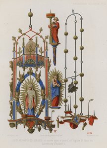 Chandelier et bougeoir en cuivre doré et peint