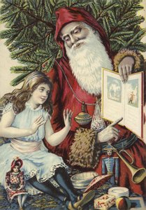 Fille montrant un livre illustré par le Père Noël - French School
