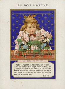Fille jouant avec des poupées et des meubles miniatures, Meubles de Jardin - French School