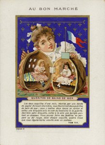 Fille jouant avec des poupées assise dans une coquille de noix, Guerites de bains de mer - French School