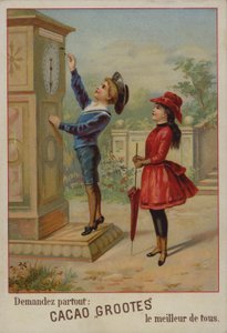 Fille regardant un garçon ajuster une horloge - French School