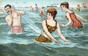 Des filles éclaboussant un homme dans la mer - French School