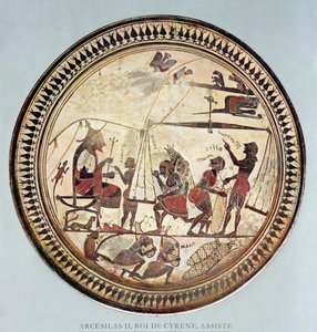Coupe grecque représentant Arcesilas II, roi de Cyrène (c.560-550 av. J.-C.) observant la pesée et le chargement du silphium, copie d