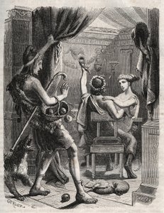 Mythologie grecque : "Ce cri fut poussé par Paris". Paris surprend Hélène avec Périthoos. Gravure de 1871 dans "Histoire Des Cocus Célèbres" par Henry de Kock