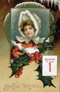 Carte de vœux : Bonne Année (fille avec du houx) - carte postale, début du 20e siècle