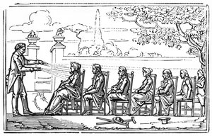 Thérapie magnétique de groupe, illustration de Thérapeutique Magnétique par Baron du Potet, 1863 - French School