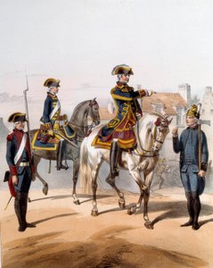Gardes de la ville de Paris (garde à pied, garde à cheval, veilleur, garde-pompe). Gravure du XIXe siècle. Paris, Musée de la Préfecture