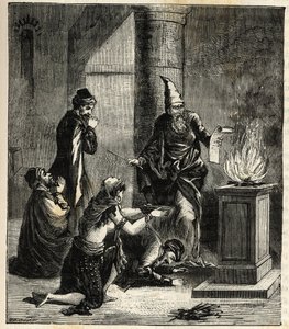 Guèbres (ou Zoroastriens) - Adorateurs du feu - gravure dans «Sciences à la portée de tous - physique et chimie populaires» par Alexis Clerc. Fin du XIXe siècle. Collection privée