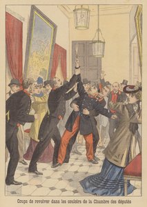 Coups de feu dans les couloirs de la Chambre des députés française (lithographie couleur) - French School