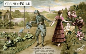 Graine poilue: Dans ce joli sol Pendant que nous marchons, Voilà! comment mon cher nous aurons un enfant - Carte postale sur la naissance, v. 1914 - French School