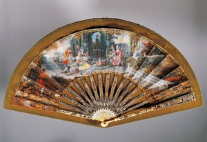 Éventail avec scène de petit-déjeuner en plein air, éventail en papier peint, bâton de garde en ivoire ajouré et damasquiné d
