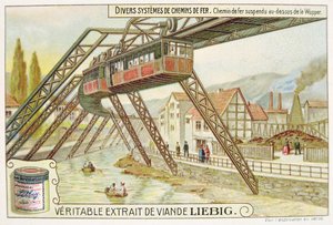 Train suspendu sur la rivière Wupper, carte publicitaire pour Véritable Extrait de Viande Liebig - French School
