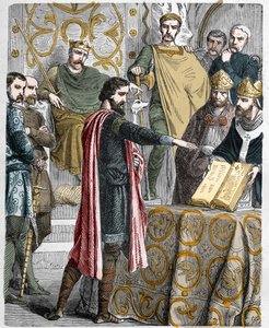 Harold II (1020-1066) dernier roi anglo-saxon couronné en 1064, jurant sur les reliques sacrées devant Guillaume Ier le Conquérant de soutenir sa cause pour le trône d