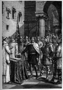 Harold, roi des Anglais, prête serment de fidélité à Guillaume, duc de Normandie (Guillaume Ier) - Harold II (1020-1066) dernier roi anglo-saxon couronné en 1064, prêtant serment sur les reliques sacrées devant Guillaume Ier le Conquérant pour soutenir sa  - French School