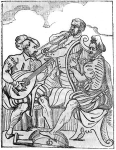 Joueurs de harpe et de luth (Cythara et Testudo) au XVIe siècle. Dans "Le magasin pittoresque" 1836