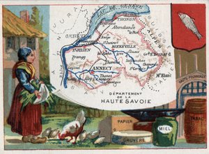 Haute-Savoie (74), Rhône-Alpes, France. Spécialité locale : papier, gruyère, miel, tabac et hauts fourneaux. Série sur les départements français. Chromolithographie « le fil géographique », vers 1920. Collection privée - French School