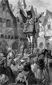 Il tenait un parchemin dans sa main. Gravure illustrant le roman « Pour la patrie ! » de Joséphine Colomb. Dans « Le Journal de la jeunesse » - French School