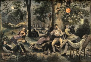 Chaleur à New York : les habitants campent dans les parcs, tirée du journal « Le Petit Parisien », le 26/07/1908 (gravure) - French School