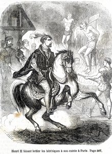 Henri II (1519 - 1559) faisant brûler les hérétiques à son entrée à Paris - dans « Histoire de France » par L.-P. Anquetil - French School
