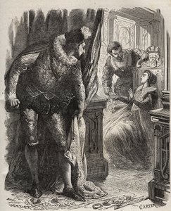 Henry Stuart dit Lord Darnley (1545-1567) surprit sa femme, la reine Marie Ière Stuart (1542-1587), avec son secrétaire particulier, David Rizzio (d. 1566). Gravure de 1871 dans "Histoire Des Cocus Célèbres" par Henry de Kock (1819-1892). - French School