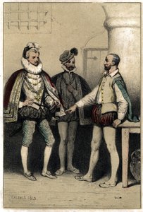 Henri III (1551-1589), roi de France, visitant Bernard Palissy, céramiste, emprisonné à la Bastille. Dans "Scènes de la vie des hommes célèbres" gravure en deux couleurs par Valerio. 1843. - French School