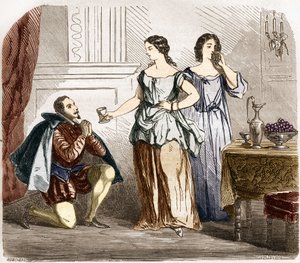 Henri IV (1553-1610), roi de France servi par des femmes à moitié nues. Gravure dans « L