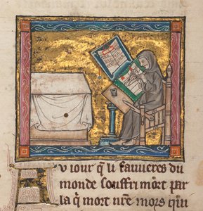 Ermite écrivant à un bureau, miniature de «Estoire del Saint Graal, La Queste del Saint Graal, Morte Artu», c.1315-25 - French School