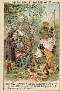 Hernán Cortés, conquistador espagnol, recevant des cadeaux de l