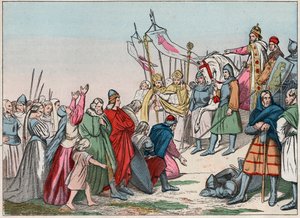Histoire de la Gaule au Moyen Âge : Saxons germaniques agenouillés devant le roi Charlemagne (742 - 814), vainqueur des guerres - Gravure de la fin du 19ème siècle dans "Nos Gloires Nationales - Images et récits"