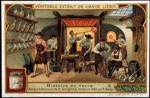 Histoire du verre : Verreries de Bohême de Saint Georgenthal fondées en 1442 par P. Berka. Chromolithographie Liébig de la fin du XIXe siècle - French School