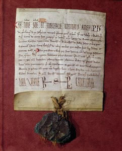Hommage au roi Philippe II (1165-1223) de Simon de Montfort (c.1160-1218) pour les territoires confisqués à Raymond VI (1197-1249) vers 1216 - French School