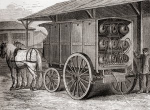 Véhicule hippomobile utilisé pour transporter du gaz comprimé dans des conteneurs portables au 19ème siècle, de Les Merveilles de la Science, publié c.1870