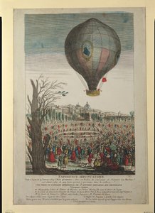 Expérience de montgolfière par les frères Montgolfier et François Pilâtre de Rozier (1754-85) à Lyon, le 19 janvier 1784 - French School