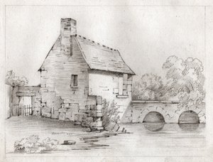 Maison au bord de la rivière (dessin, vers 1830) - French School