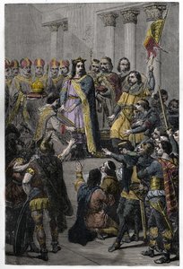 Hugues Capet élu roi - Couronnement de Hugues Capet (ca. 941-996), roi de France, le 3 juillet 987 à Noyon, par Adalbéron (ca. 925-990), archevêque de Reims. - French School