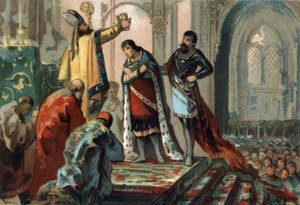 Hugues Capet, roi de France de 987 à 996, fait sacrer son fils, le futur Robert II le Pieux (972 - 1031), par Adalbéron (vers 925-990), archevêque de Reims, à la cathédrale d