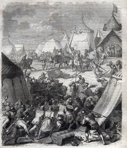 Guerre de Cent Ans : Bataille de Poitiers (1356). Gravure dans "Histoire des Papes (...) Crimes des Reines, Rois et Empereurs à travers les siècles" par Maurice Lachatre - French School