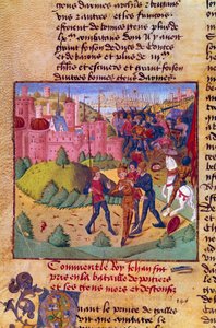 Guerre de Cent Ans : le roi de France Jean II le Bon (1319-1364) est fait prisonnier par les Anglais à la bataille de Poitiers le 19/09/1356 Miniature des Chroniques de Jean Froissart (1337-1400) 15ème siècle Chantilly, Musée Condé - French School