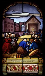 Ignace Le Garrec, prêtre vicaire à Kerlaz pendant la Révolution, célèbre une dernière messe paroissiale dans une grange à Caouët, janvier 1793 - vitrail de l