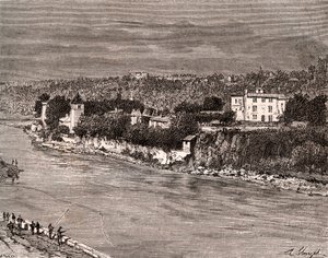 Île Barbe au milieu de la Saône, dans le 9e arrondissement de Lyon - gravure dans « La France illustrée : géographie, histoire, administration statistique » par V.-A. Malt-Brown. 1884