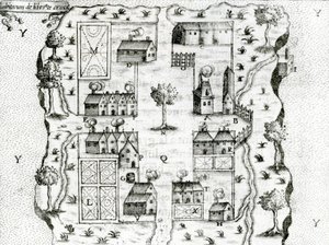 Île Ste. Croix, le premier établissement français en Acadie, 1604, tiré des Voyages de Samuel de Champlain - French School